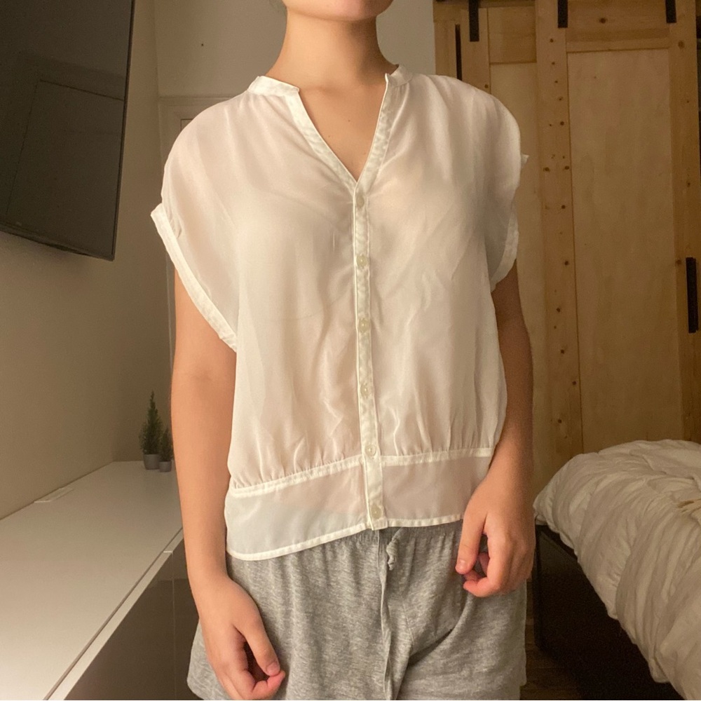 Vintage White Sheer Button Up Blouse with Ruffle Trim
